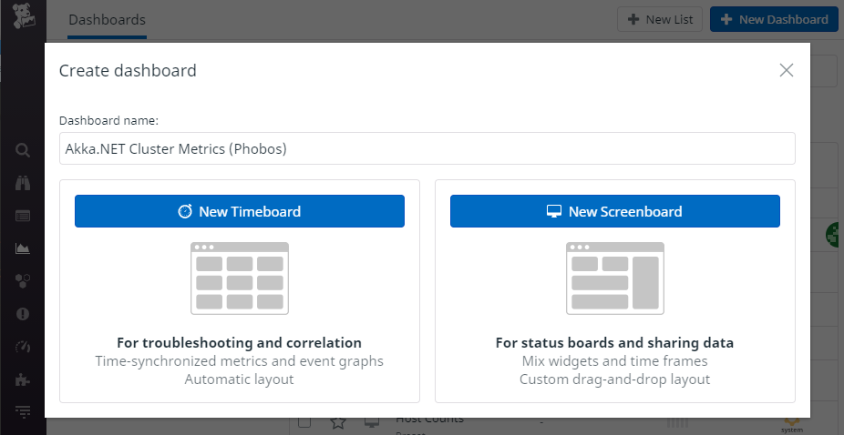 Create a 'New Timeboard' and give it a descriptive name