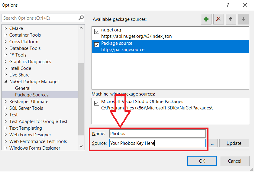Adding the Phobos NuGet feed via the NuGet Package Manager