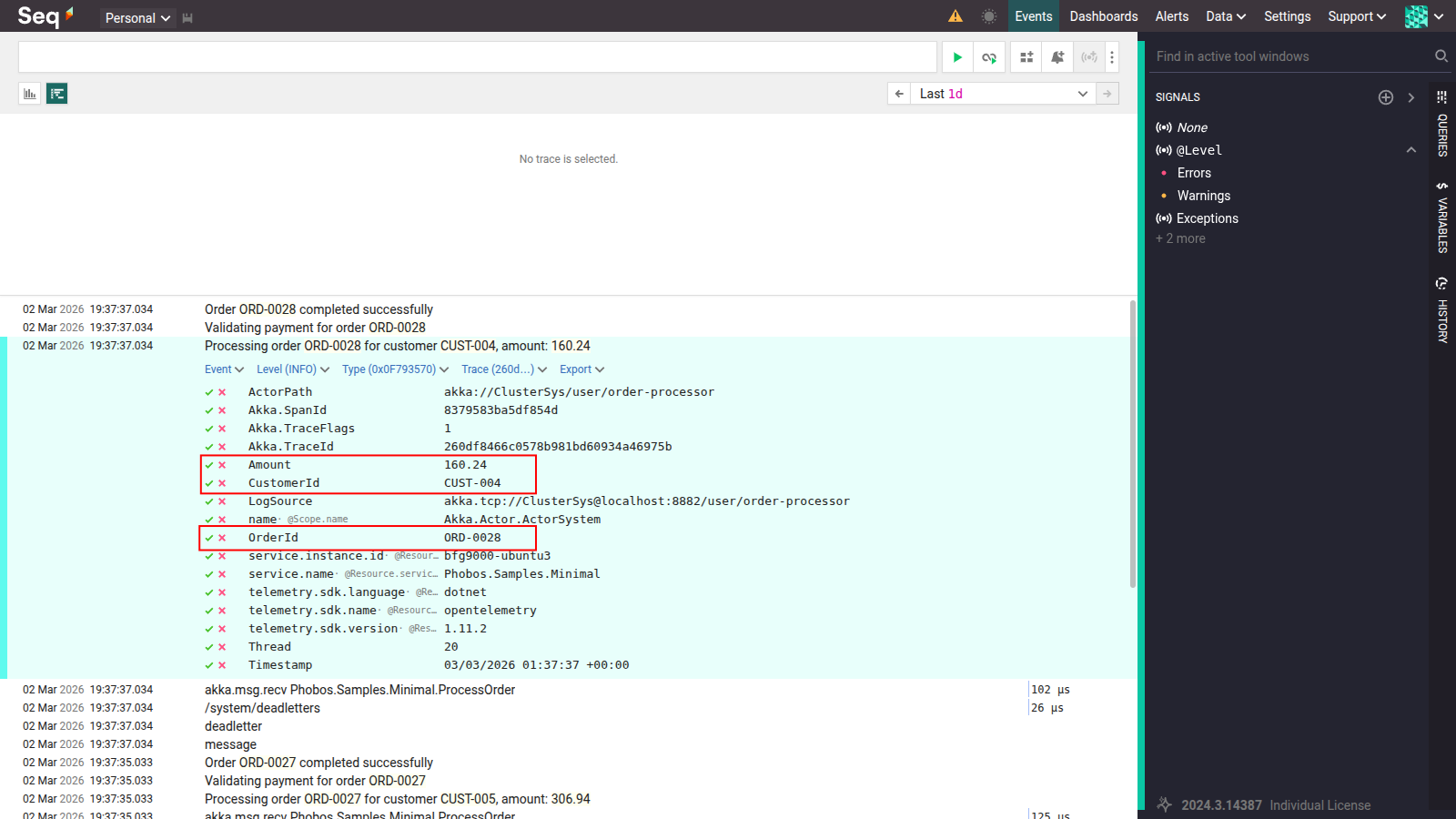 Structured log properties in Seq showing OrderId, CustomerId, Akka.TraceId and other fields