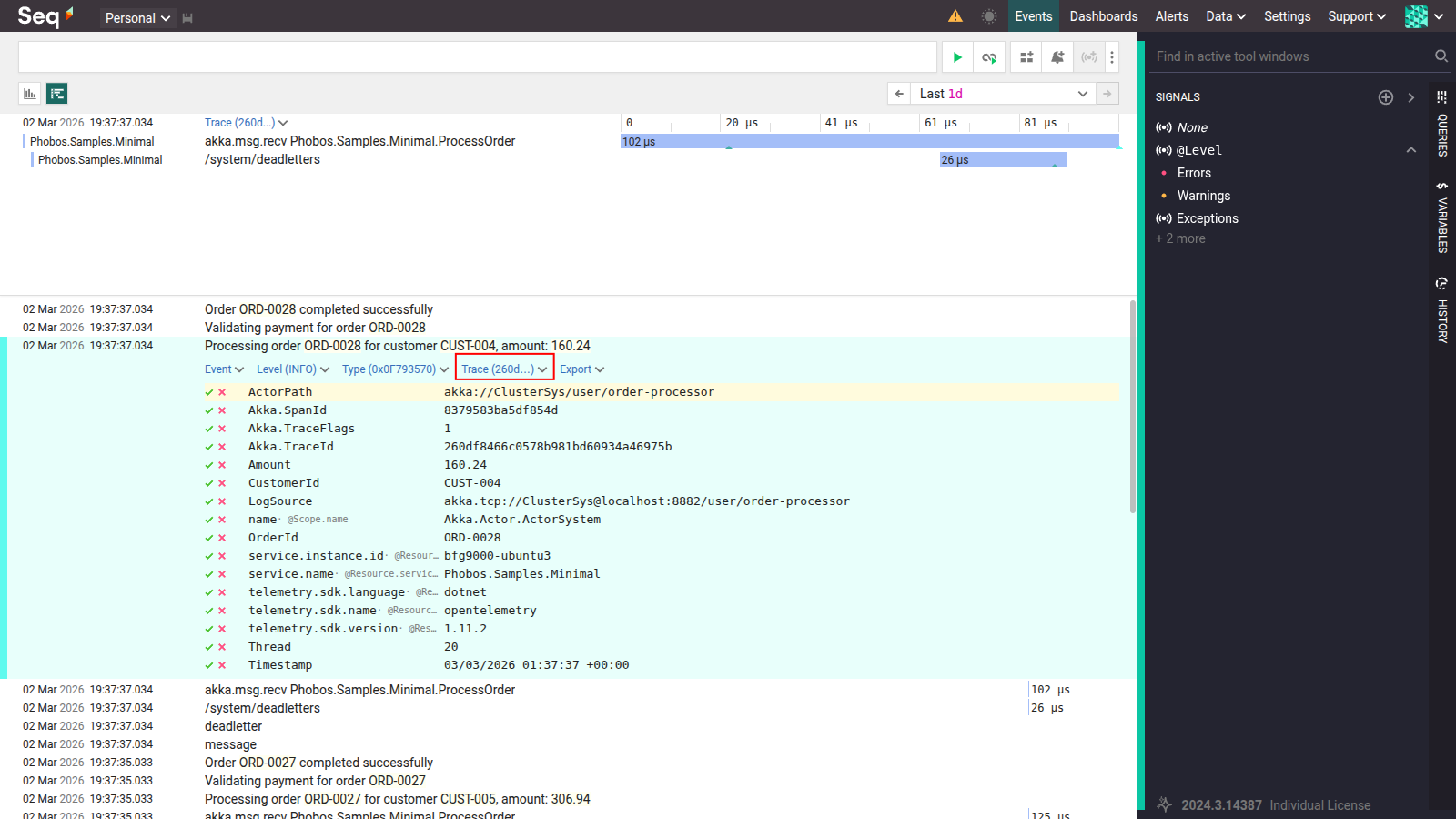 Log record correlated to trace via Akka.TraceId showing trace waterfall